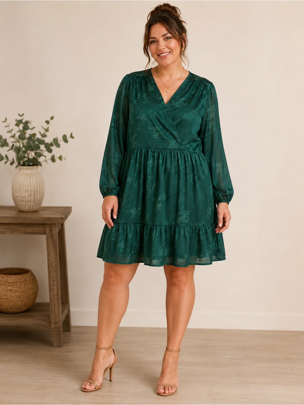 Seven7 Dark Green Satin Floral Jacquard Long Sleeve Tiered Dress